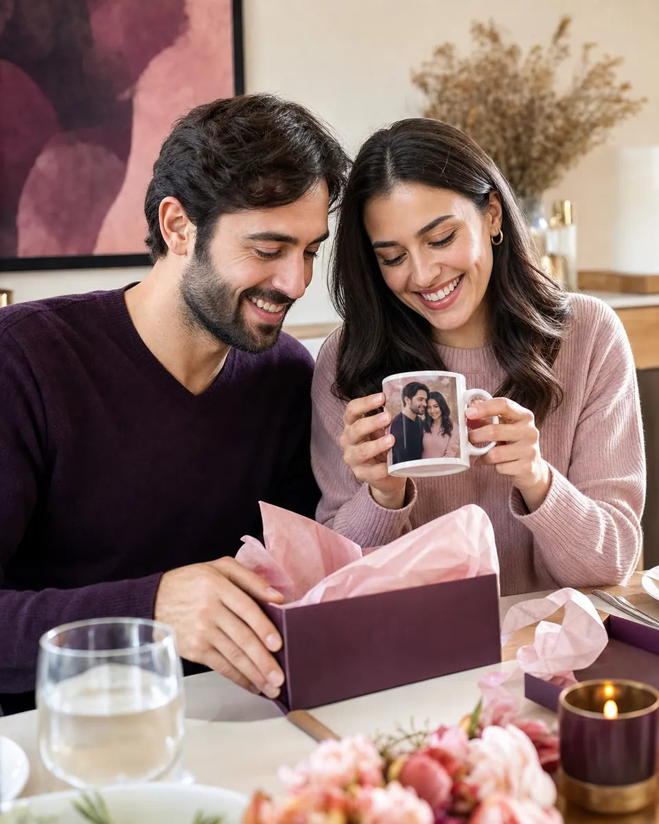 Fotoğraflı kupa hediyesini açan çift